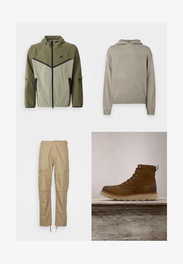 Meeste Nike jope oliivrohelises ja helesinisest, millel on tõmblukuga sulgur, kapuuts ja mustad aktsendid. Valmistatud kergest, tekstuurilisest kangast.; Heledane hallitatud kapuutsiga, millel on soonikkoht ja varrukad, esiküljel diskreetne logo ning keskmise pikkusega lõige.; Kergedest materjalist khaki cargo püksid, millel on mitu küljetaskut, lõdva istuvuse ja reguleeritavad nööriga mansetid alumises servas.; Pruun veekindel pahkluu saabas, valmistatud tekstureeritud nahast, millel on kuldsed silmad, ümar varvas ja kerge, tekstureeritud kummist tall.}}