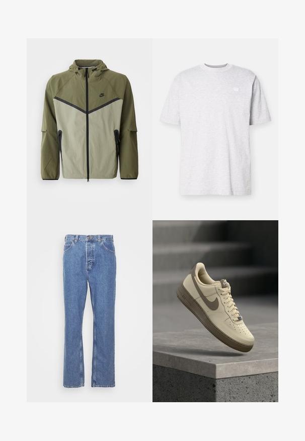 Meeste Nike jope oliivrohelises ja helesinisest, millel on tõmblukuga sulgur, kapuuts ja mustad aktsendid. Valmistatud kergest, tekstuurilisest kangast.; Hele halli puuvillane t-särk lühikeste varrukatega, ümar kaelus ja väike valge logo vasakul rinnal. Pehme tekstuur, vabalt istuv mudel.; Sinine denim teksapüksid sirge lõikega, viie-tasku disain, vöökohad ja nööbiga kinnitamine. Kanga viimistlus on pehme ja tekstuurne.; Beežide ja pruunide Nike Air Force 1 tossud, paeladega, hõljuvad betoonpinna ja taustal oleva trepi kohal.