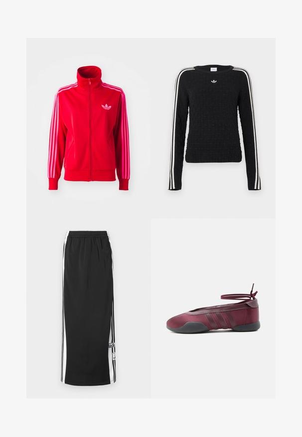 Rød atletisk jakke lavet af glat stof, med høj krave, fuld lynlås og tre pink striber ned ad hver ærme. Lille logo på brystet.; Sort strikket sweater med tekstureret overflade, lange ærmer, rund hals og hvide sidelister med et broderet logo på brystet.; Sort lang atletisk nederdel med hvide sidepaneler og sorte striber, elastisk taljebånd og Adidas-logo i patch nær nederste kant.; Burgunderfarvet balletsko med sort sål, elastiske ankelstropper bundet i sløjfe og syninger på siderne, vist fra ydersiden.