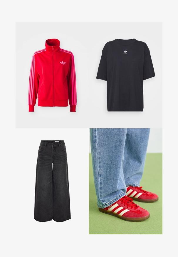 Rød atletisk jakke lavet af glat stof, med høj krave, fuld lynlås og tre pink striber ned ad hver ærme. Lille logo på brystet.; Sort bomulds t-shirt med korte ærmer, rund halsudskæring, med et hvidt Adidas-logo på brystet. Enkel design, afslappet pasform.; Bredde ben sorte denimshorts med høj talje, forlommer og subtil tekstur; designet til en afslappet pasform.; Røde ruskinds sneakers med tre hvide striber, rund tå og tekstureret sål, parret med lyseblå denim jeans på en grøn baggrund.