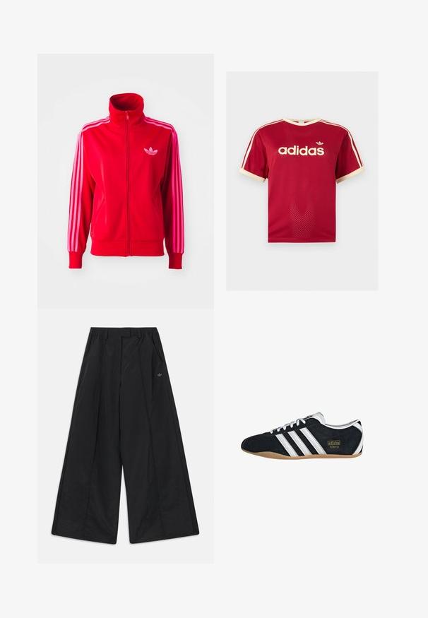 Rød atletisk jakke lavet af glat stof, med høj krave, fuld lynlås og tre pink striber ned ad hver ærme. Lille logo på brystet.; Rød Adidas mesh t-shirt med beige kant på krave, ærmer og de tre striber på skuldrene, med Adidas-logo og tekst på fronten.; Sorte bukser med vidde i benene, sidelommer, bæltestropper, forreste folder og en lille Adidas-logo på højre side.; Sort ruskinds sneaker med hvide tre striber, guldlogo og en brun gummisål. Har et lavprofil snørebåndsdesign.