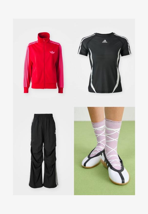 Rød atletisk jakke lavet af glat stof, med høj krave, fuld lynlås og tre pink striber ned ad hver ærme. Lille logo på brystet.; Sort Adidas atletisk T-shirt med korte ærmer, hvide striber på skuldrene og sølvfarvede buede detaljer på siderne.; Sorte løstsiddende bukser med elastisk talje, snøre og hvide sidestriber; lavet af letvægtsstof med en glat tekstur.; Ben iført ribbet lilla sokker med hvide krydsede stropper kombineret med hvide balletsko med sort kant på grøn gulv.