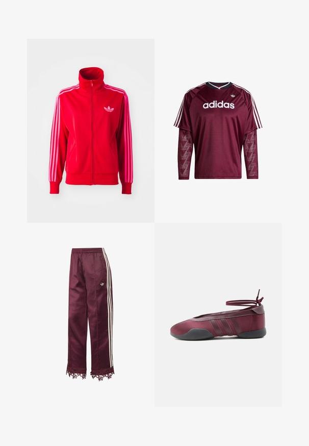 Veste de sport rouge en tissu lisse, avec un col montant, une fermeture éclair complète et trois bandes roses le long de chaque manche. Petit logo sur la poitrine.; Chemise à manches longues Adidas couleur marron avec manches en mesh, logo blanc et rayures sur les épaules, col noir et blanc, vue de face.; Pantalon de survêtement en satin marron avec bandes blanches sur les côtés, taille élastique, poches zippées et bordure en dentelle à l'ourlet.; Ballerine bordeaux avec semelle noire, brides élastiques à la cheville nouées en nœud, et détails cousus sur les côtés, vue de l'extérieur.