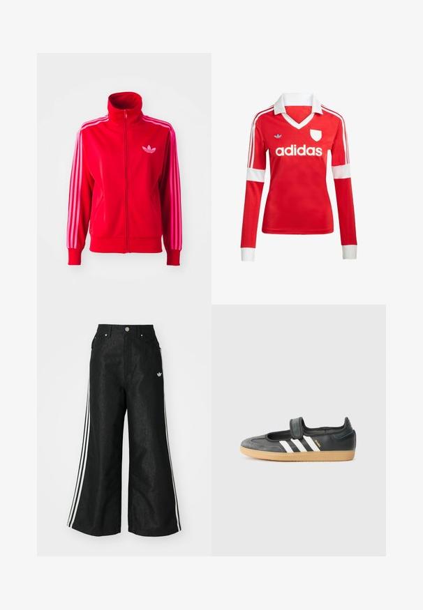 Rød atletisk jakke lavet af glat stof, med høj krave, fuld lynlås og tre pink striber ned ad hver ærme. Lille logo på brystet.; Rød langærmet fodboldtrøje med hvid krave og manchetter. Har tre hvide striber på skuldrene og "adidas" logoet fremtrædende vist.; Sorte vide denim bukser med tre hvide striber på hver side og et lille hvidt logo. Indeholder forlommer og en knaplukning.; Sort læder- og ruskinds sneakers med en Velcro-rem, der har tre hvide striber og en gummisål, mærket "SAMBA" på siden.