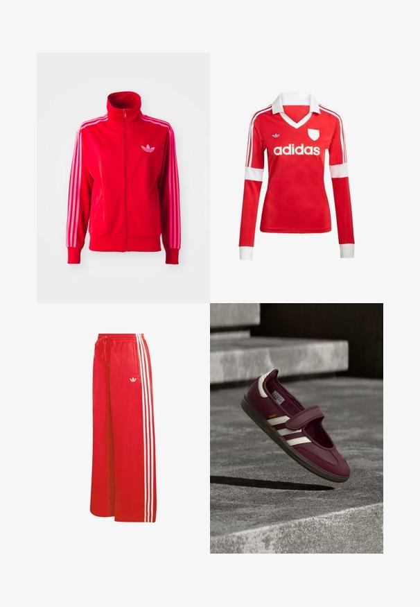 Rød atletisk jakke lavet af glat stof, med høj krave, fuld lynlås og tre pink striber ned ad hver ærme. Lille logo på brystet.; Rød langærmet fodboldtrøje med hvid krave og manchetter. Har tre hvide striber på skuldrene og "adidas" logoet fremtrædende vist.; Røde træningsbukser lavet af let materiale, med bred benudformning, elastisk talje, snøre og tre hvide striber på hver side.; Vinrød sportssko med en rem, hvide sidelister, tekstureret gummisål og et glat øverste materiale. Justerbar pasform med polstret inderside.