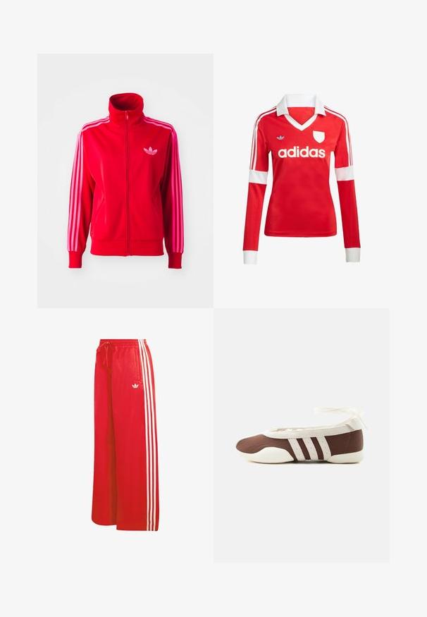 Rød atletisk jakke lavet af glat stof, med høj krave, fuld lynlås og tre pink striber ned ad hver ærme. Lille logo på brystet.; Rød langærmet fodboldtrøje med hvid krave og manchetter. Har tre hvide striber på skuldrene og "adidas" logoet fremtrædende vist.; Røde træningsbukser lavet af let materiale, med bred benudformning, elastisk talje, snøre og tre hvide striber på hver side.; Brun og hvid balletflad sko med tre hvide striber og ankelbånds sløjfe på en ensartet lys baggrund.