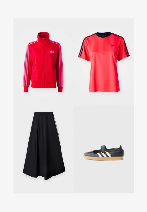 Rød atletisk jakke lavet af glat stof, med høj krave, fuld lynlås og tre pink striber ned ad hver ærme. Lille logo på brystet.; Rød sports t-shirt med korte ærmer, der har lodrette striber, en marineblå rund hals og et lille sort logo på forsiden.; Sorte bukser med vidde i benene, elastisk talje og hvide sidestriber, vist mod en simpel hvid baggrund.; Sort læder- og ruskinds sneakers med en Velcro-rem, der har tre hvide striber og en gummisål, mærket "SAMBA" på siden.