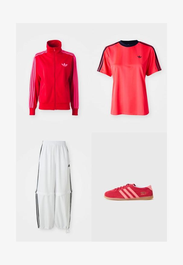 Rød atletisk jakke lavet af glat stof, med høj krave, fuld lynlås og tre pink striber ned ad hver ærme. Lille logo på brystet.; Rød sports t-shirt med korte ærmer, der har lodrette striber, en marineblå rund hals og et lille sort logo på forsiden.; Hvide sportbukser med en afslappet pasform, elastisk talje og sorte sidelæg. Har lynlåslommer og elastiske afslutninger ved anklerne.; Rød ruskindssneaker med pink striber, gummisål i farven gum og gyldne logodetaljer. Har rundet tå og snørelukning.