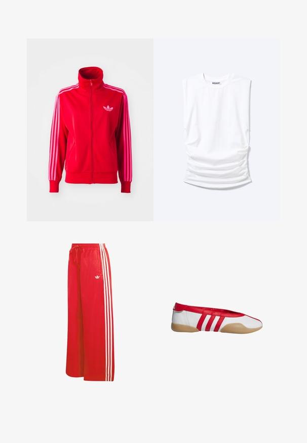 Rød atletisk jakke lavet af glat stof, med høj krave, fuld lynlås og tre pink striber ned ad hver ærme. Lille logo på brystet.; Hvid ærmeløs t-shirt med rund halsudskæring, polstrede skuldre og rynkede sider, lagt fladt på lys baggrund.; Røde træningsbukser lavet af let materiale, med bred benudformning, elastisk talje, snøre og tre hvide striber på hver side.; Rød og hvid flad sko med rund tå, lavet af glat syntetisk materiale. Har tre røde striber og en tanfarvet gummisål.