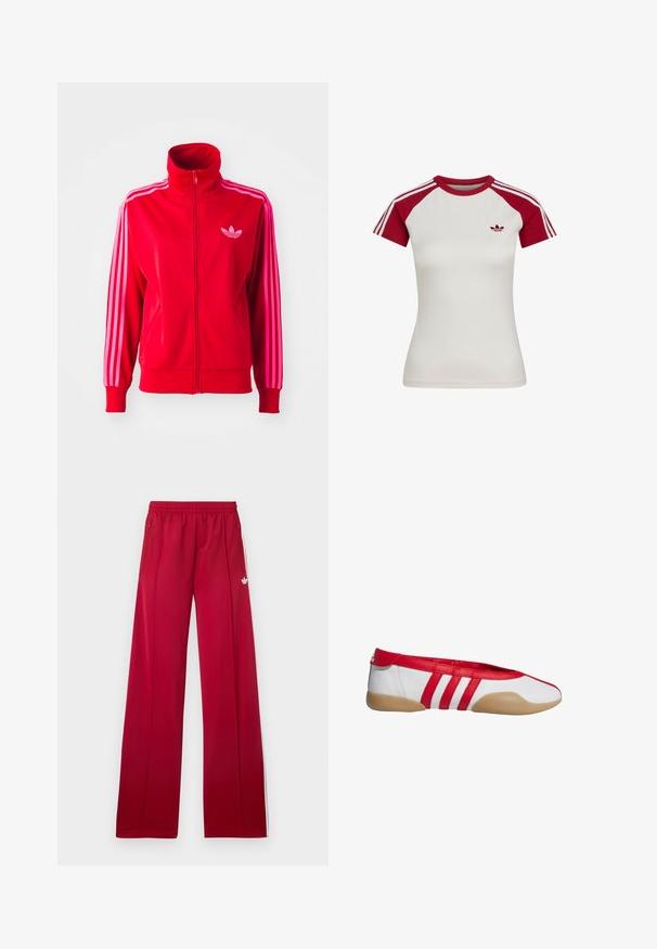 Rød atletisk jakke lavet af glat stof, med høj krave, fuld lynlås og tre pink striber ned ad hver ærme. Lille logo på brystet.; Hvid tætsiddende sportstrøje med korte ærmer, røde raglanærmer, rød krave, tre hvide striber på ærmerne og lille logo på venstre bryst.; Røde trackbukser med brede ben, elastik i taljen, sidelommer med lynlås, hvide striber på siderne og lille hvidt logo på venstre låret.; Rød og hvid flad sko med rund tå, lavet af glat syntetisk materiale. Har tre røde striber og en tanfarvet gummisål.