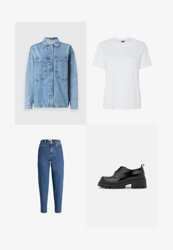 Veste en denim bleu clair à manches longues, fermeture par boutons, deux poches avant et col classique. Détails de couture visibles.; T-shirt en coton blanc à manches courtes et col ras du cou. Texture lisse, coupe décontractée, sans motifs ni accents visibles.; Jean en denim bleu taille haute avec une coupe droite, doté d'une conception classique à cinq poches, fermeture éclair et bouton métal.; Chaussures en cuir patiné noir avec une semelle épaisse et chunky, dotées de lacets épais. Embout arrondi, détails minimaux et un petit tirant à l'arrière.