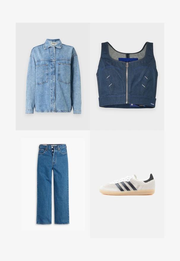 Hellblaue Jeansjacke mit langen Ärmeln, Knopfverschluss, zwei Fronttaschen und klassischem Kragen. Mit sichtbaren Nahtdetails.; Dunkelblaues Denim-Crop-Top mit einem runden Ausschnitt, Frontreißverschluss und kontrastierender Naht. Verfügt über zwei Fronttaschen mit geschwungenen Umrissen.; Blaue Denim-Jeans mit geradem Bein, hoher Taille, fünf Taschen und Knopfverschluss. Auffällige Nähte und Nieten in Kupferfarbe.; Weiße Mesh-Sneaker mit schwarzem Drei-Streifen-Design, abgerundeter Spitze und Gummisohle. Verfügen über einen weichen Fersenkragen und Schnürverschluss.