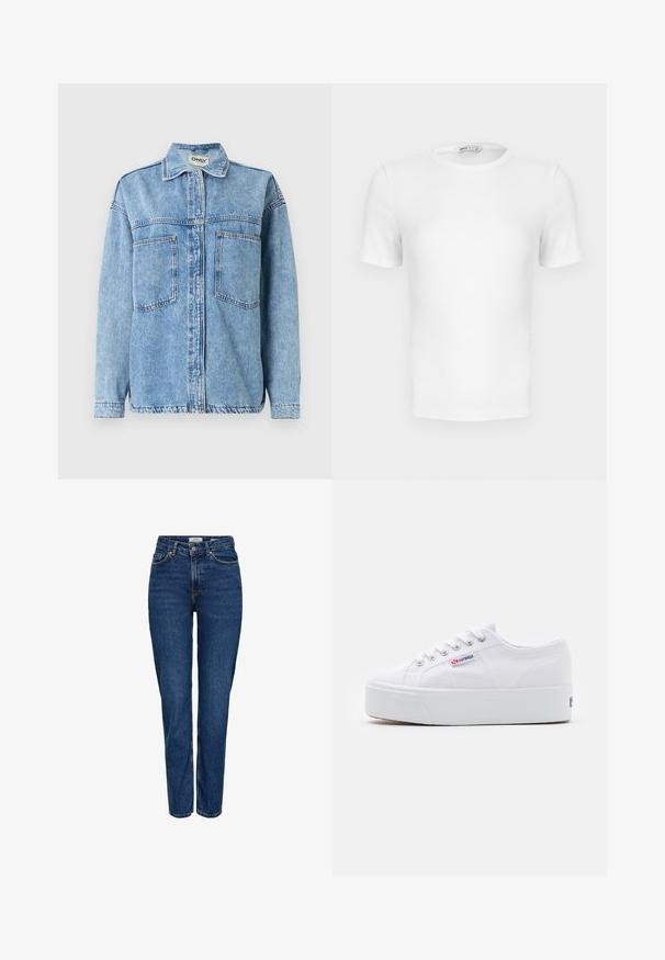 Lichtblauwe spijkerjack met lange mouwen, een knoopsluiting, twee voorzakken en een klassieke kraag. Voorzien van zichtbare stiksel details.; Witte korte mouwen geribde T-shirt met een ronde hals, een aangesloten pasvorm en een klein merklabel aan de binnenkant van de kraag.; Donkerblauwe spijkerbroek met rechte pijpen, hoge taille, vijf zakken, lichte stiksels en een subtiele textuur.; Witte canvas sneaker met een dikke witte platformzool, ronde neus en metalen oogjes voor veters. Merkl logo aan de zijkant weergegeven.