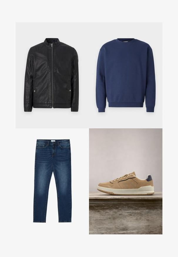 Veste en cuir noir avec un col haut, zips verticaux, accents matelassés aux épaules et poches latérales. Texture lisse et mate.; Sweatshirt bleu marine en tissu doux, avec un col rond et des poignets côtelés. Comprend un logo discret sur la poitrine.; Jean slim-fit bleu foncé avec des détails délavés, design classique à cinq poches, fermeture à bouton et passants de ceinture.; Baskets en suède beige avec semelle en caoutchouc blanc, dotées de lacets beiges, d'accents bleu marine et de détails perforés sur la boîte à orteils.