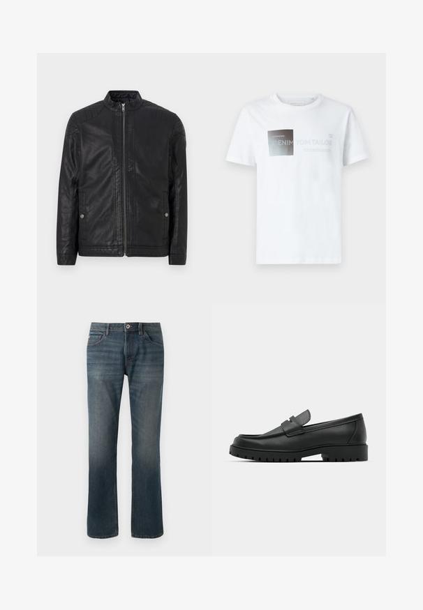 Chaqueta de cuero negra con cuello alto, cremalleras verticales, acentos acolchados en los hombros y bolsillos laterales. Textura suave y mate.; Camiseta de algodón blanca de manga corta con un diseño gráfico en negro y gris con texto. Cuello redondo, ajuste relajado, textura suave.; Jeans de mezclilla azul oscuro con un diseño de pierna recta. Las características incluyen cinco bolsillos, costuras de contraste y un cierre frontal con botón y cremallera.; Mocasines de cuero negro con punta redonda, que cuentan con un diseño cosido, suela de plataforma baja y una suela de goma texturada y con tacos.