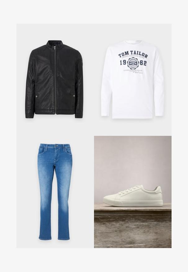 Zwarte leren jas met een hoge kraag, verticale ritsen, gestikte schouderaccenten en zijzakken. Gladde, matte textuur.; TOM TAILOR Longsleeve - white; Blauwe denim jeans met een rechte pijp, uitgerust met vijf zakken, een ritssluiting en contrasterende stiksels. De stof heeft een gemiddelde wassing met vervaging.; Witte vetersneaker die boven een houten bank zweeft met groene bladeren op de achtergrond, waarbij het ontwerp en de textuur van de schoen worden getoond.