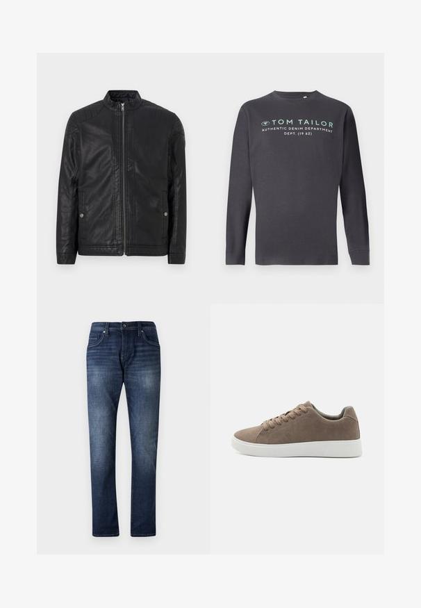 Zwarte leren jas met een hoge kraag, verticale ritsen, gestikte schouderaccenten en zijzakken. Gladde, matte textuur.; TOM TAILOR PRINTED - Longsleeve - tarmac grey; Donkerblauwe denim jeans met een rechte pijpdesign, voorzien van een vervaagde wassing, vijf zakken en zichtbare stiksels langs de naden.; Bruine suède sneakers met platte witte rubberen zolen, vetersluiting, ronde neus en een gladde textuur. Minimalistische stijl met subtiele stikdetails.