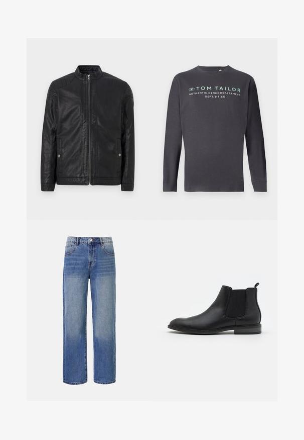Mustan nahkatakin korkea kaulus, pystysuorat vetoketjut, tikkaukset hartioissa ja sivutaskut. Sileä, matta pinta.; TOM TAILOR PRINTED - Pitkähihainen paita - tarmac grey; Vaaleansinisen denimkankaan leveät farkut, joissa on haalistumiskuvio, viisi taskua ja vetskari. Vyötäröllä on nappi ja vyölenkit.; Mustat nahkakengät Chelsea-tyyliin, joissa on joustavat sivupaneelit, pyöristetty kärki ja vetotappi. Kengissä on matala lohkare korko ja sileä pinta.