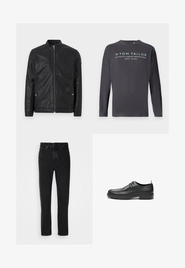 Chaqueta de cuero negra con cuello alto, cremalleras verticales, acentos acolchados en los hombros y bolsillos laterales. Textura suave y mate.; TOM TAILOR PRINTED - Camiseta de manga larga - tarmac grey; Jeans de mezclilla negra con un diseño de pierna recta, que presentan un cierre de botón y cremallera, bolsillos frontales y una textura sutil.; Zapatos de cuero negro con un acabado suave, punta redondeada y costuras decorativas. Cuenta con una suela de goma con surcos para tracción y un diseño de cordones.