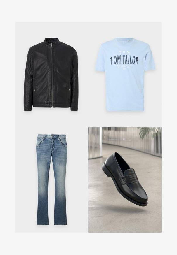 Sort læderjakke med høj krave, lodrette lynlåse, kviltede skulderdetaljer og sidelommer. Glat, mat tekstur.; Lyseblå bomulds t-shirt med rund halsudskæring og korte ærmer. Den har kraftig sort trykt tekst: "TOM TAILOR" samt yderligere brandingdetaljer.; Lyseblå denim flared jeans med gradient vask, fem-lomme design, metal knaplukning og synlig syning langs sømmene.; Sort lædersko med glat tekstur, spids tå og en dekorativ rem over vristen. Letvægts sål, minimalistisk design.