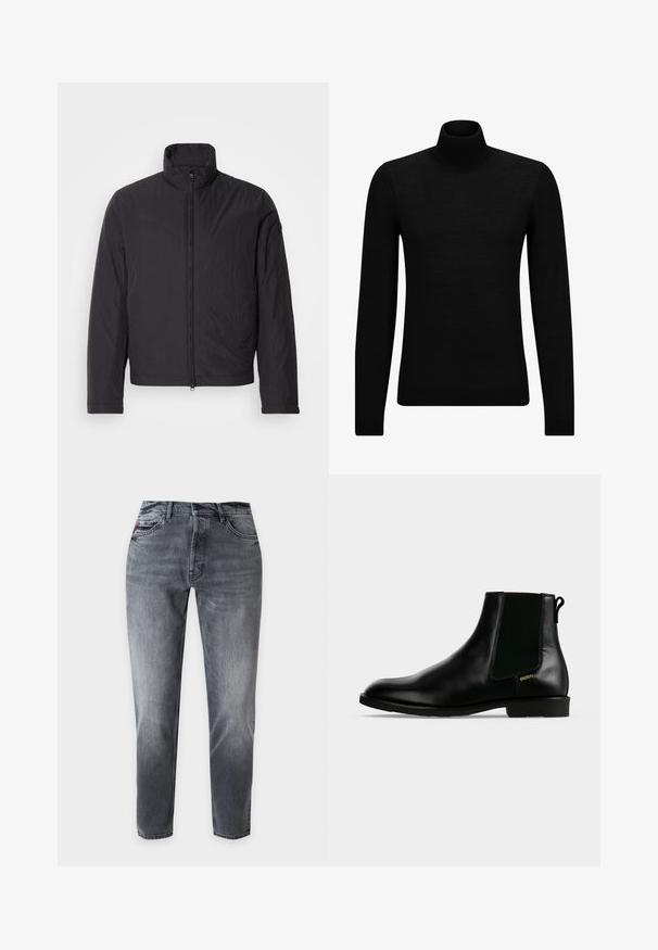 Schwarze, leichte Jacke mit hohem Kragen, Frontreißverschluss und langen Ärmeln. Hergestellt aus gewelltem Stoff, hat sie ein minimalistisches Design.; Schwarzer Rollkragenpullover aus weichem Material mit langen Ärmeln und enger Passform. Rippbesatz am Saum und an den Bündchen. Einfaches Design.; Graue Jeans mit geradem Bein, verwaschenem Look, Vordertaschen, Gürtelschlaufen und Knopfverschluss in der Taille.; Schwarzer Lederknöchel-Stiefel mit elastischem Seiteneinsatz, niedrigem Absatz, Zuglasche hinten und kleinem goldenem "HUGO" Logo an der Außenseite.