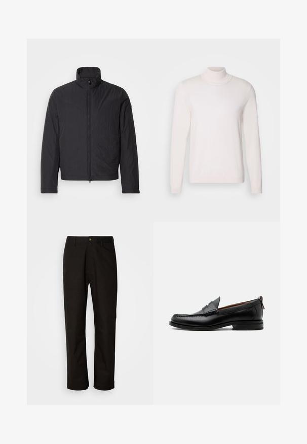 Schwarze, leichte Jacke mit hohem Kragen, Frontreißverschluss und langen Ärmeln. Hergestellt aus gewelltem Stoff, hat sie ein minimalistisches Design.; Helles rosa Rollkragenpullover mit langen Ärmeln, weichem Stoff, geripptem Kragen und Bündchen, im klassischen, figurbetonten Design.; Schwarze Baumwollhosen mit geradem Schnitt, Gürtelschlaufen, einem Reißverschluss vorne und einem einzelnen Knopfverschluss. Glatte Textur ohne sichtbare Muster.; Schwarzer Leder-Herrenschuh mit Mokassinnaht, Penny-Riemen, strukturiertem Kragen und niedrigem gestapeltem Absatz auf weißem Hintergrund.