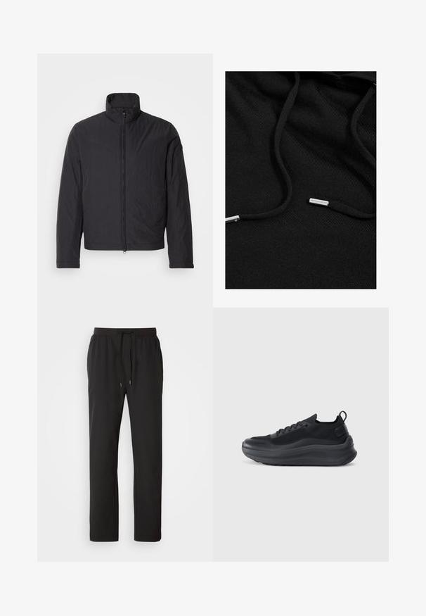 Chaqueta ligera negra con un alto cuello, cremallera frontal y mangas largas. Fabricada en tejido arrugado, tiene un diseño minimalista.; Sudadera negra hecha de tela suave. Presenta cordones con puntas metálicas y una superficie texturada. Diseño minimalista sin patrones.; Pantalones de chándal negros hechos de tela ligera, con una cintura elástica y cordones ajustables, además de bolsillos laterales. Textura suave.; Zapatilla deportiva negra con parte superior de malla, acentos texturizados y una suela de goma gruesa. Cuenta con una lengüeta en el talón y un diseño con cordones.