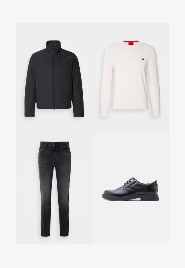 Mustaga kerge jope kõrge kaelusega, ees lukuga ja pikkade varrukatega. Valmistatud kortsulistest kangast, sellel on minimalistik disain.; Valge pikema varrukaga crewneck-sviiter, mis on valmistatud pehmest kangast. Sellel on rindkeres väike punane logoäpp ja kontrastne punane silt kaeluses.; Mustad teksased, millel on slim-fit lõige, keskmise kõrgusega talje, klassikaline viie taskuga disain ja jalgadel kerge pleekimine.; Mustad nahast paeltega kingad, millel on sile tekstuur, ümar nina ja peen õmblusdetail. Kandjal on punane tõmblint kandlas.