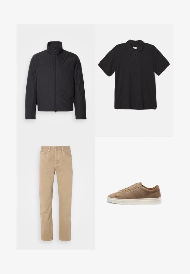 Musta kevyt takki, jossa on korkea kaulus, edessä vetoketju ja pitkät hihat. Valmistettu ryppyisestä kankaasta, sillä on minimalistinen muotoilu.; rag & bone CLASSIC FLAME - Pikeepaita - black; Beige puuvillapantsit suoralla lahkeella, joissa on etutaskut, napitus ja huomaamattomat ompeluyksityiskohdat saumoissa.; Matala beige mokkanahkainen tennari, jossa nauhakiinnitys edessä ja valkoinen kumipohja, sivukuva, vähän ompeleita ja kohokuvioitu brändilogot.