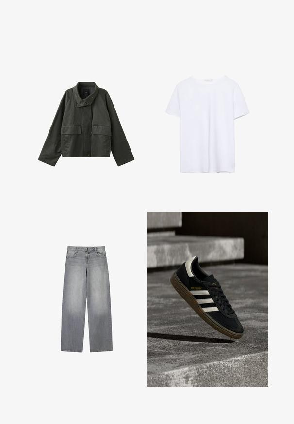 Veste courte vert foncé à larges manches, col montant, boutons-pression à l'avant et deux grandes poches à rabat sur le devant.; T-shirt blanc uni à manches courtes et col rond avec ourlet droit, présenté sur un fond blanc.; Jean en denim gris à jambes larges avec une finition légèrement décolorée, doté de cinq poches, d'une fermeture à bouton à l'avant et de passants de ceinture.; Baskets Adidas noires avec des bandes blanches et une semelle en gomme flottant au-dessus d'escaliers en béton gris sous une lumière naturelle.