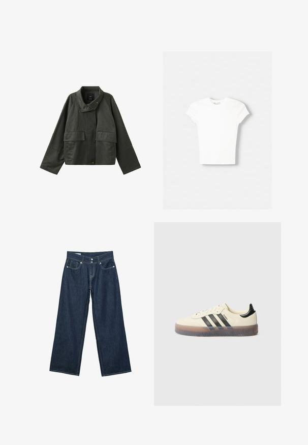 Veste courte vert foncé à larges manches, col montant, boutons-pression à l'avant et deux grandes poches à rabat sur le devant.; T-shirt blanc à manches courtes en coton doux, avec un col rond et une coupe ajustée. Pas de motifs ni d'ornements visibles.; Jeans en denim bleu foncé à jambes larges avec fermeture à double bouton, poches avant et surpiqûres contrastantes sur fond blanc.; Baskets beiges avec trois bandes noires, bout rond, semelle en caoutchouc texturée et dessus lisse. Caractérisées par un talon rembourré et un marquage minimal.