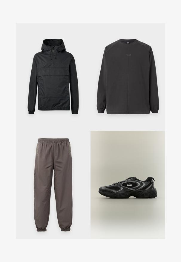 Schwarze Pulloverjacke mit Kapuze, elastischen Bündchen, einer Vordertasche und einem halben Reißverschluss. Aus leichtem, wasserabweisendem Material gefertigt.; Dunkelgraues Langarmshirt aus weichem Material, mit Raglanärmeln und einem einfachen Logo in der Mitte. Die Bündchen sind elastisch.; Dunkelgraue, elastische Hosen mit lockerer Passform. Mit gerafften Bündchen und dezentem Stickerei an den Seiten. Leichter Stoff.; Schwarzer und grauer Sportschuh mit Netzpaneelen, Schnürdesign, dicker Sohle und einem kleinen Krokodil-Logo an der Seite.