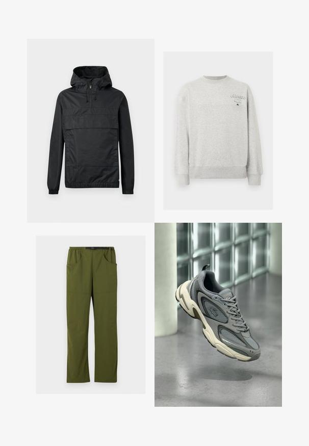 Zwart pullover jack met capuchon, elastische manchetten, een voorzak en een halve rits. Gemaakt van lichtgewicht, waterafstotend materiaal.; Lichtgrijze crewneck-trui met lange mouwen en klein "ellesse Italia"-logo op de bovenste linkerborst.; Olijfgroene rechte broek met elastische tailleband en zwarte verstelbare gesp, voor- en zijzakken, detail met naad aan de voorkant.; Grijze en witte sneaker met mesh- en leren panelen, zwevend boven een gepolijste betonnen vloer bij een achtergrond van een glazen blokmuur.