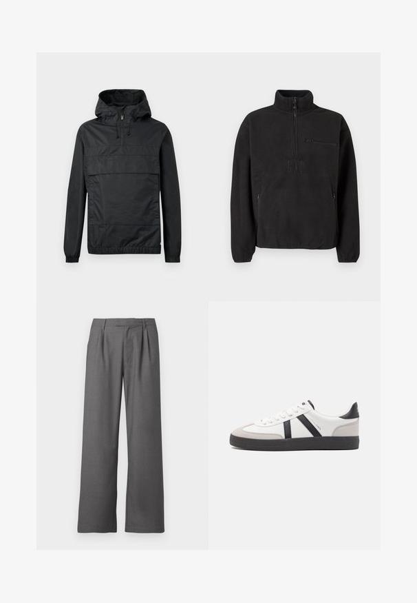 Schwarze Pulloverjacke mit Kapuze, elastischen Bündchen, einer Vordertasche und einem halben Reißverschluss. Aus leichtem, wasserabweisendem Material gefertigt.; Schwarzer Fleece-Pullover mit hohem Kragen, halbem Reißverschluss und vorderer Reißverschlusstasche. Verfügt über eine strukturierte Stoffoberfläche und ein geprägtes Logo.; Graue weit geschnittene Hose aus glattem Stoff, mit einem gefältelten Vorderteil, seitlichen Taschen und einem taillierten Bund mit Gürtelschlaufen.; Weiße Sneaker mit schwarz- und grau-aczenten, ausgestattet mit einer strukturierten grauen Zehenkappe, schwarzer Gummi-Sohle und flachen weißen Schnürsenkeln. Sauberes Design, minimalistische Stil.