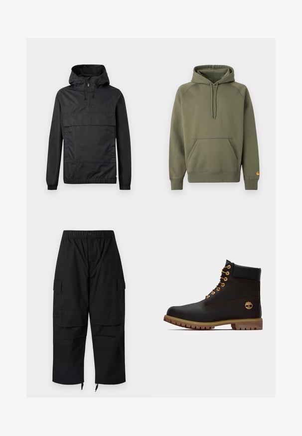 Schwarze Pulloverjacke mit Kapuze, elastischen Bündchen, einer Vordertasche und einem halben Reißverschluss. Aus leichtem, wasserabweisendem Material gefertigt.; Olivgrüner Hoodie aus weichem Baumwollmischgewebe, ausgestattet mit einer Kängurutasche, verstellbarer Kapuze mit Kordelzug und gerippten Bündchen.; Schwarze Cargo-Hose mit elastischem Bund, mehreren Taschen und Reißverschlüssen an den Knöcheln, mit einem lockeren, entspannten Schnitt.; Schwarze Leder-Ankle-Boots mit goldenen Ösen, braunen Akzenten und einer Gummisohle. Verfügt über einen gepolsterten Schaft und ein geprägtes Logo an der Seite.