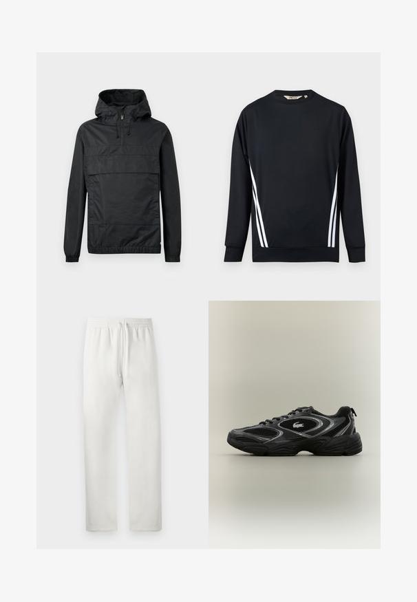 Schwarze Pulloverjacke mit Kapuze, elastischen Bündchen, einer Vordertasche und einem halben Reißverschluss. Aus leichtem, wasserabweisendem Material gefertigt.; Schwarzes langärmeliges Sport-Sweatshirt mit zwei weißen vertikalen Streifen auf jeder Seite und einem kleinen geprägten Logo auf der Brust.; Weiße Jogginghose aus weichem Material, mit elastischem Bund und Kordelzug, geraden Beinen und ohne sichtbare Muster oder Akzente.; Schwarzer und grauer Sportschuh mit Netzpaneelen, Schnürdesign, dicker Sohle und einem kleinen Krokodil-Logo an der Seite.
