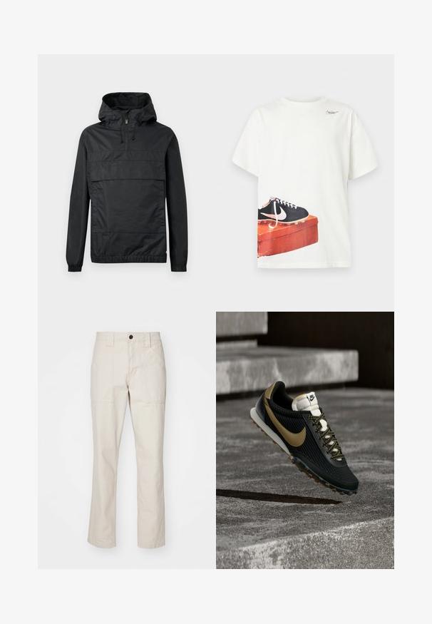 Sort pullover-jakke med hætte, elastiske manchetter, en frontlomme og halv-lynlås. Lavet af letvægts, vandafvisende materiale.; Hvid T-shirt med korte ærmer med et trykt sort Nike-fodboldstøvlemotiv på en slidt rød skoeske tæt på sømmen og et lille logo nær halsudskæringen.; Beige bomuldsbukser med lige ben-design, der har to frontlommer, en enkelt knaplukning og synlige stikninger.; Sort og guld Nike løbesko med tekstureret overdel og mønstret snøre, der svæver over ru betongulv og trin.