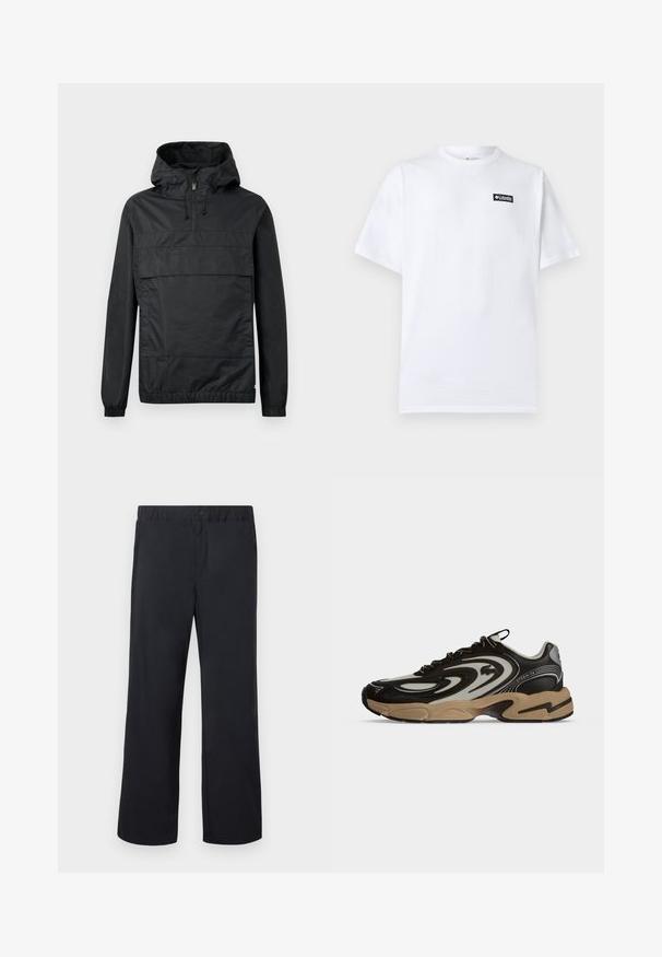 Schwarze Pulloverjacke mit Kapuze, elastischen Bündchen, einer Vordertasche und einem halben Reißverschluss. Aus leichtem, wasserabweisendem Material gefertigt.; Weißes Baumwoll-T-Shirt mit kurzen Ärmeln und einem kleinen schwarz-weißen Columbia Sportswear Logo-Aufnäher auf der linken Brust.; Schwarze Hose mit geradem Bein, elastischem Bund und einem Knopf über dem Reißverschluss, flach auf weißem Hintergrund ausgelegt.; Schwarzer und beiger Sneaker mit wellenförmigen Mustern, Schnürdesign und dicker Sohle auf hellem einfarbigem Hintergrund.