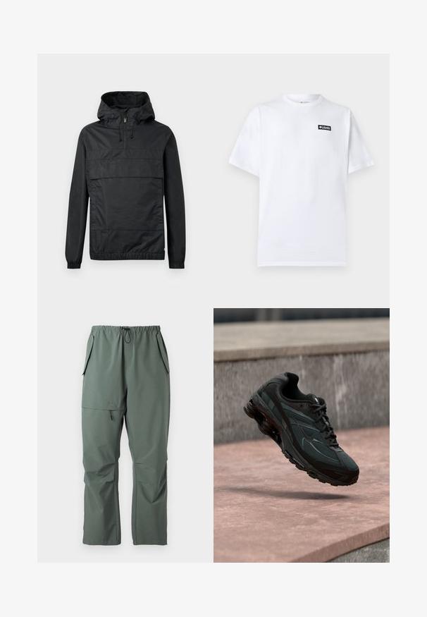 Schwarze Pulloverjacke mit Kapuze, elastischen Bündchen, einer Vordertasche und einem halben Reißverschluss. Aus leichtem, wasserabweisendem Material gefertigt.; Weißes Baumwoll-T-Shirt mit kurzen Ärmeln und einem kleinen schwarz-weißen Columbia Sportswear Logo-Aufnäher auf der linken Brust.; Grüne, leichte Hosen mit elastischem Bund, Kordelzug und mehreren Taschen. Glatte Textur mit einer lässigen, lockeren Passform.; Schwarzer athletischer Sneaker mit sichtbarer Air-Cushioning-Zwischensohle, der über einer rosa Steinoberfläche mit grauer Steinmauer im Hintergrund schwebt.