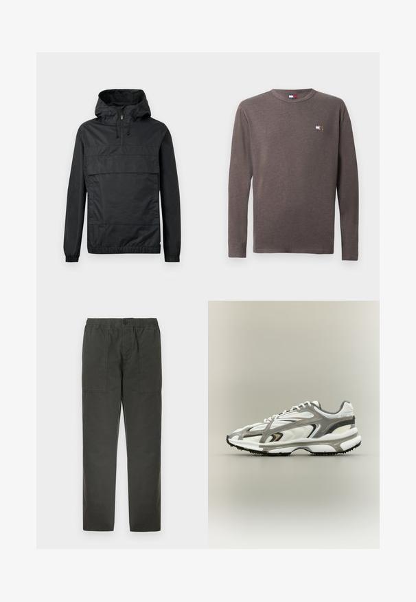 Schwarze Pulloverjacke mit Kapuze, elastischen Bündchen, einer Vordertasche und einem halben Reißverschluss. Aus leichtem, wasserabweisendem Material gefertigt.; Langärmliges graues T-Shirt aus Baumwolle mit einem kleinen Logo auf der linken Brust. Rundhalsausschnitt und normale Passform mit glatter Textur.; Dunkelgrüne, leichte Stoffhosen mit einem elastischen Bund und einem Knopfverschluss. Sie verfügen über zwei Vordertaschen und einen geraden Beinschnitt.; Sportschuh mit einem weißen Mesh-Obermaterial, grauen Akzenten, schwarzer Gummisohle und einem aerodynamischen Design. Verfügt über Schnürsenkel und strukturierte Details.