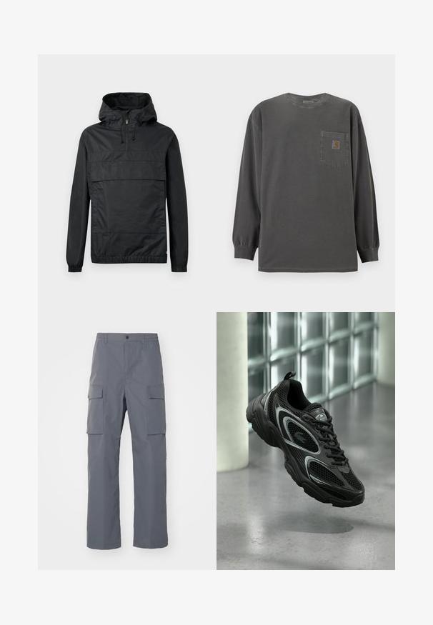 Chaqueta negra de moda con capucha, puños elásticos, un bolsillo frontal y cierre de media cremallera. Fabricada con material ligero y resistente al agua.; Camiseta de manga larga y cuello redondo de color gris oscuro con un bolsillo en el pecho que lleva un pequeño parche con el logo de Carhartt.; Pantalones cargo grises hechos de una tela duradera. Las características incluyen una cinturilla elástica, dos grandes bolsillos laterales y un corte recto.; Zapato deportivo negro con material de malla y sintético, suela texturizada, diseño elegante, detalles plateados y cierre de cordones al frente.