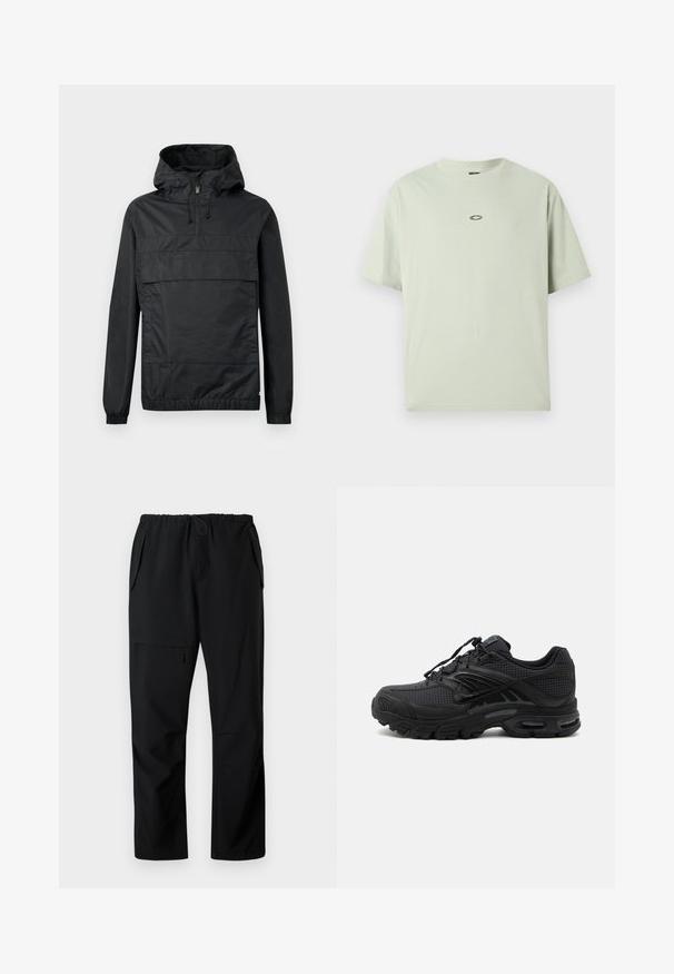 Sort pullover-jakke med hætte, elastiske manchetter, en frontlomme og halv-lynlås. Lavet af letvægts, vandafvisende materiale.; Lys grøn kortærmet t-shirt lavet af blødt stof med rund hals og et lille rundt logo i midten. Minimalistisk design.; Sorte afslappede bukser med elastisk talje, to sidelommer og en lynlåslomme på låret, vist fladt på hvid baggrund.; Sort atletisk sneaker med tekstureret stof, tyk polstret sål, luftventiler og snørelukning, vist fra siden på en lys baggrund.