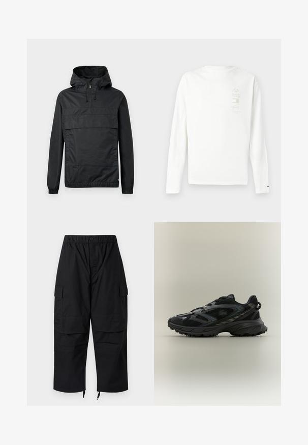 Sort pullover-jakke med hætte, elastiske manchetter, en frontlomme og halv-lynlås. Lavet af letvægts, vandafvisende materiale.; Langærmet hvid bomulds T-shirt med et lille grafisk print i diskrete farver på venstre bryst og et logo på ærmeskæringen.; Sorte cargobukser med elastisk talje, flere lommer og lynlåse ved anklerne, med et afslappet, løstsiddende design.; Sort atletisk sko med meshpaneler, en tekstureret sål, snørebånd og en buet silhuet med sølvfarvede accenter på siderne.