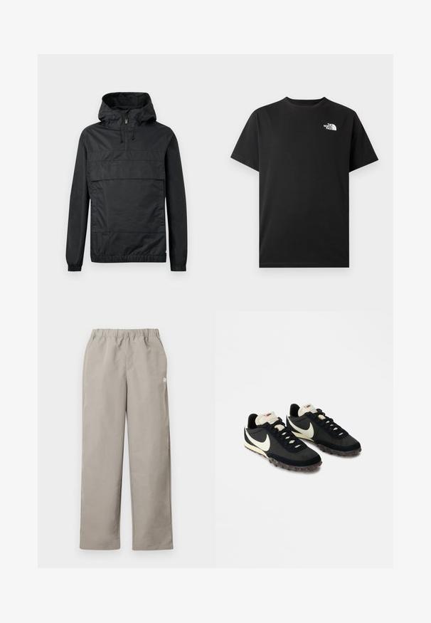 Zwart pullover jack met capuchon, elastische manchetten, een voorzak en een halve rits. Gemaakt van lichtgewicht, waterafstotend materiaal.; Zwart katoenen T-shirt met korte mouwen, ronde hals en een klein wit logo op de linkerborst. Glad oppervlak, standaard pasvorm.; Beige rechte broek met elastische tailleband en een klein wit logo op het rechter zijnnaad.; Zwarte sportieve schoenen met een gestructureerde bovenkant, witte swoosh-logo en rubberen zool met kleine noppen voor grip. Crèmekleurige kraag.