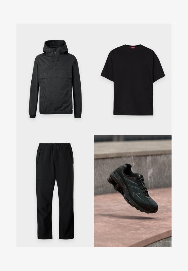 Zwart pullover jack met capuchon, elastische manchetten, een voorzak en een halve rits. Gemaakt van lichtgewicht, waterafstotend materiaal.; Zwarte katoenen t-shirt met ronde hals, korte mouwen en een klein reliëflogo op de voorkant. Gladde textuur, casual ontwerp.; Zwarte casual broek met elastische tailleband, twee zijzakken en een ritszak op de dij, plat weergegeven op een witte achtergrond.; Zwarte atletische sneaker met zichtbare luchtgeveerde tussenzool die boven een roze stenen oppervlak zweeft met een grijze stenen muur op de achtergrond.