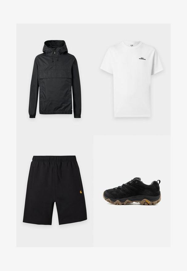 Zwart pullover jack met capuchon, elastische manchetten, een voorzak en een halve rits. Gemaakt van lichtgewicht, waterafstotend materiaal.; Wit T-shirt met korte mouwen en ronde hals, met kleine zwarte tekst "OBEY WORLDWIDE" op het linkerborstgebied.; Zwarte shorts tot op de knie met elastische tailleband, zijzakken en een klein geel logo op het onderbeen rechts.; Zwarte wandelschoen met robuuste bruine Vibram-zool, bovenwerk van mesh en suède, vetersluiting en achterste aantreklus, gezien vanaf de buitenkant.