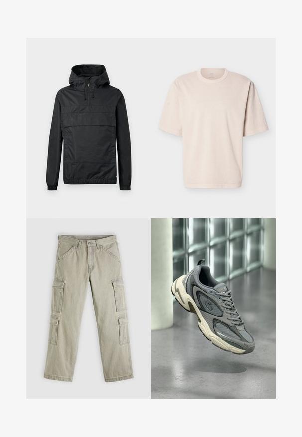 Schwarze Pulloverjacke mit Kapuze, elastischen Bündchen, einer Vordertasche und einem halben Reißverschluss. Aus leichtem, wasserabweisendem Material gefertigt.; Beige übergroßes Kurzarm-T-Shirt mit Rundhalsausschnitt und einfacher Naht, flach auf weißem Hintergrund präsentiert.; Hellgraue Cargohosen aus Baumwolle. Sie verfügen über mehrere Seitentaschen, gerade Beine und kontrastierende Nähte. Mit Reißverschluss und Knopfverschluss vorne.; Grauer und weißer Sneaker mit Mesh- und Lederpaneelen, schwebend über einem polierten Betonboden vor einer Wand aus Glasbausteinen.