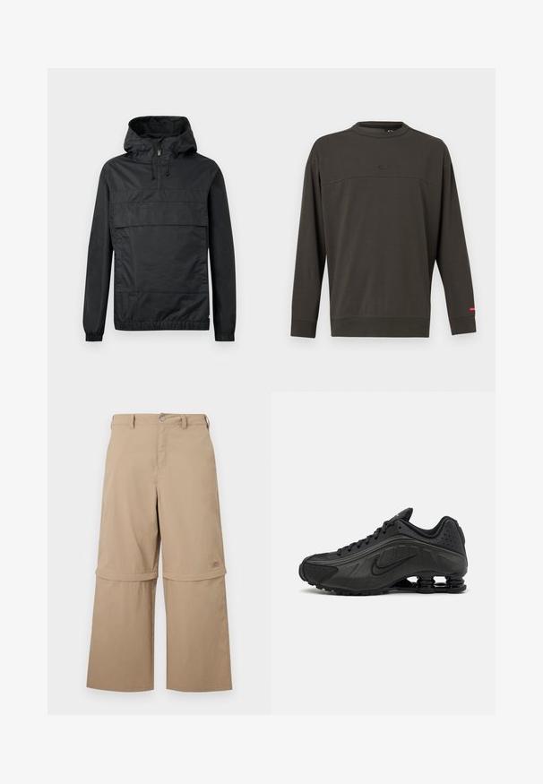 Schwarze Pulloverjacke mit Kapuze, elastischen Bündchen, einer Vordertasche und einem halben Reißverschluss. Aus leichtem, wasserabweisendem Material gefertigt.; Dunkelolivgrünes Sweatshirt mit langen Ärmeln und Rundhalsausschnitt, mit gerippten Bündchen an Ärmeln und Saum, kleinem ovalen Logo auf der Brust und rotem Etikett am linken Ärmel.; Beige Cargo-Hose zum Wenden mit abnehmbaren unteren Hosenbeinen, Gürtelschlaufen, Seitentaschen und Knopfverschluss, dargestellt vor weißem Hintergrund.; Schwarze Laufschuhe mit einem glatten synthetischen Obermaterial, durchbrochenen Akzenten, strukturierten Seitenpaneelen und einer ausgeprägten federnden Sohle.