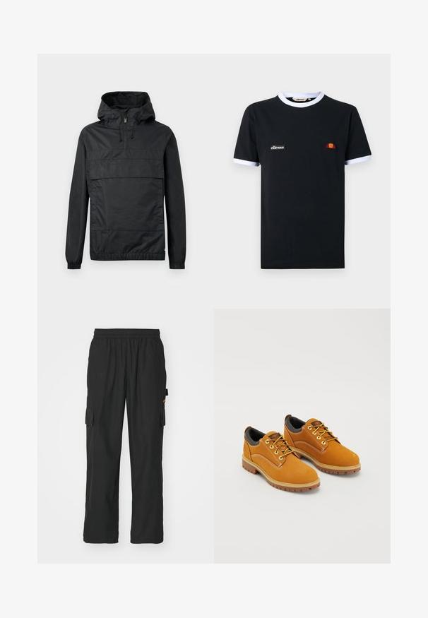 Sort pullover-jakke med hætte, elastiske manchetter, en frontlomme og halv-lynlås. Lavet af letvægts, vandafvisende materiale.; Sort t-shirt med korte ærmer med hvid kant på krave og ærmer, med et lille "ellesse" logo-patch og en halvcirkelformet orange og rød emblemlogo.; Sorte cargo bukser lavet af letvægtsstof, med to sidelommer, elastisk talje og en afslappet pasform.; Brune ruskindssko med rund tå, gule snørebånd, en polstret sort krave og gummisåler med skridsikre riller.