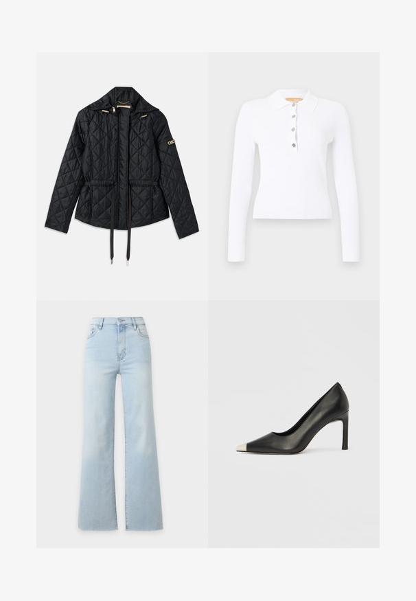 Veste noire matelassée avec capuche, dotée d'une taille cintrée, de deux poches avant, d'accents en matériel doré et de cordons de serrage pour l'ajustement.; Polo blanc à manches longues côtelées avec col et quatre boutons argentés sur la patte de boutonnage.; Jean en denim bleu clair taille haute avec jambes larges, fermeture à boutons et zip à l’avant, et poches avant, présenté sur un fond uni.; Chaussure à talon haut en cuir noir avec bout pointu et capuchon argenté métallique. Présente une finition lisse et un talon fin de 10 cm.